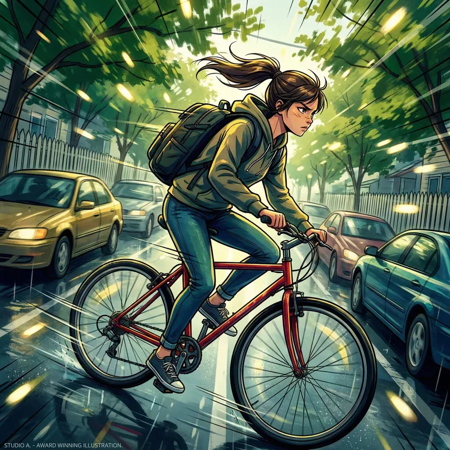 Girl Cycling City Illustration