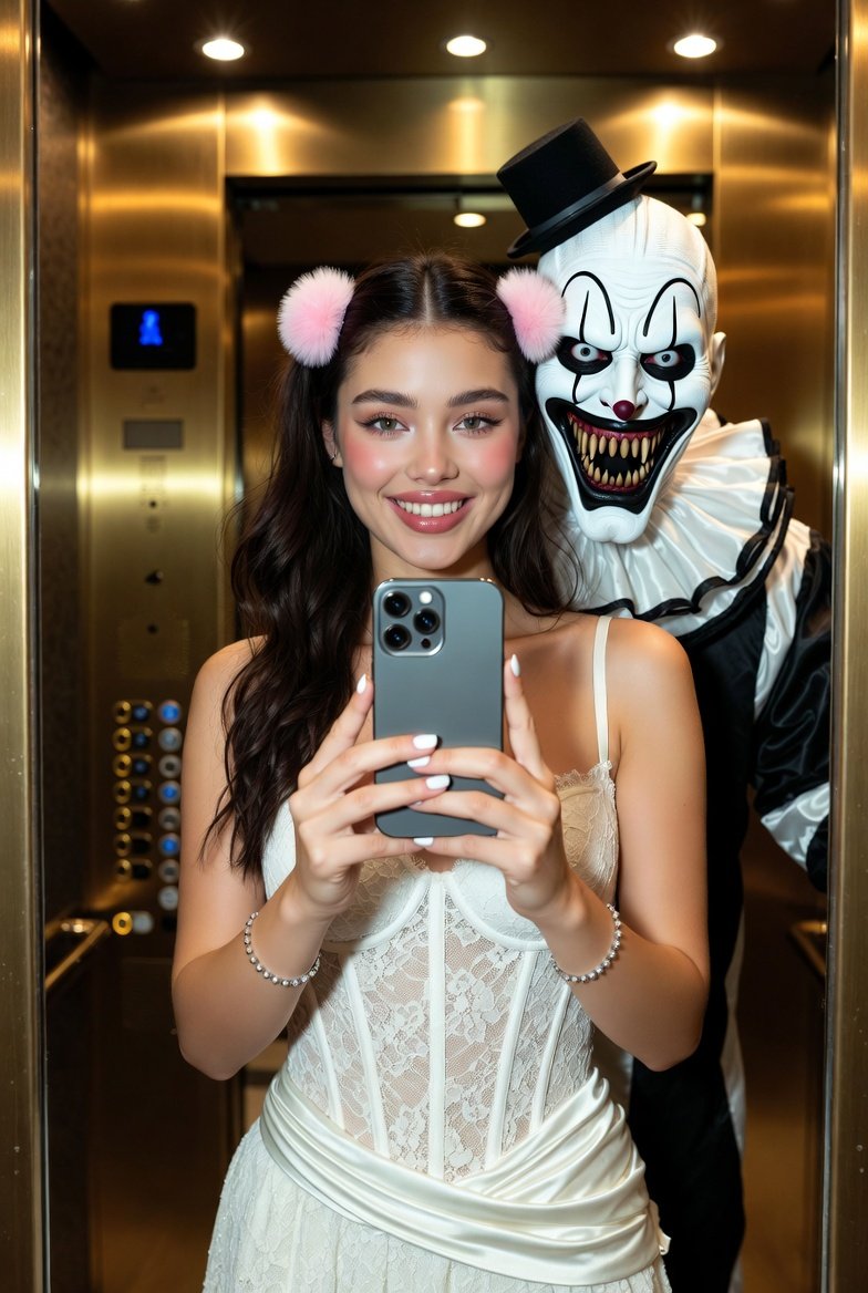 与小丑艺人 Art The Clown 的恐怖并置自拍