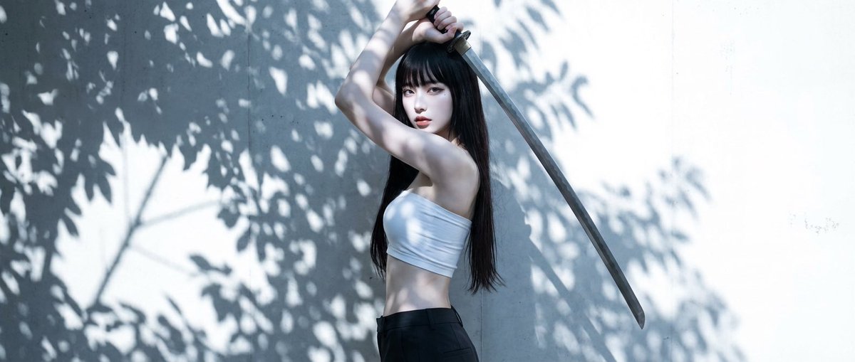 高对比度日系美女持刀姿态肖像