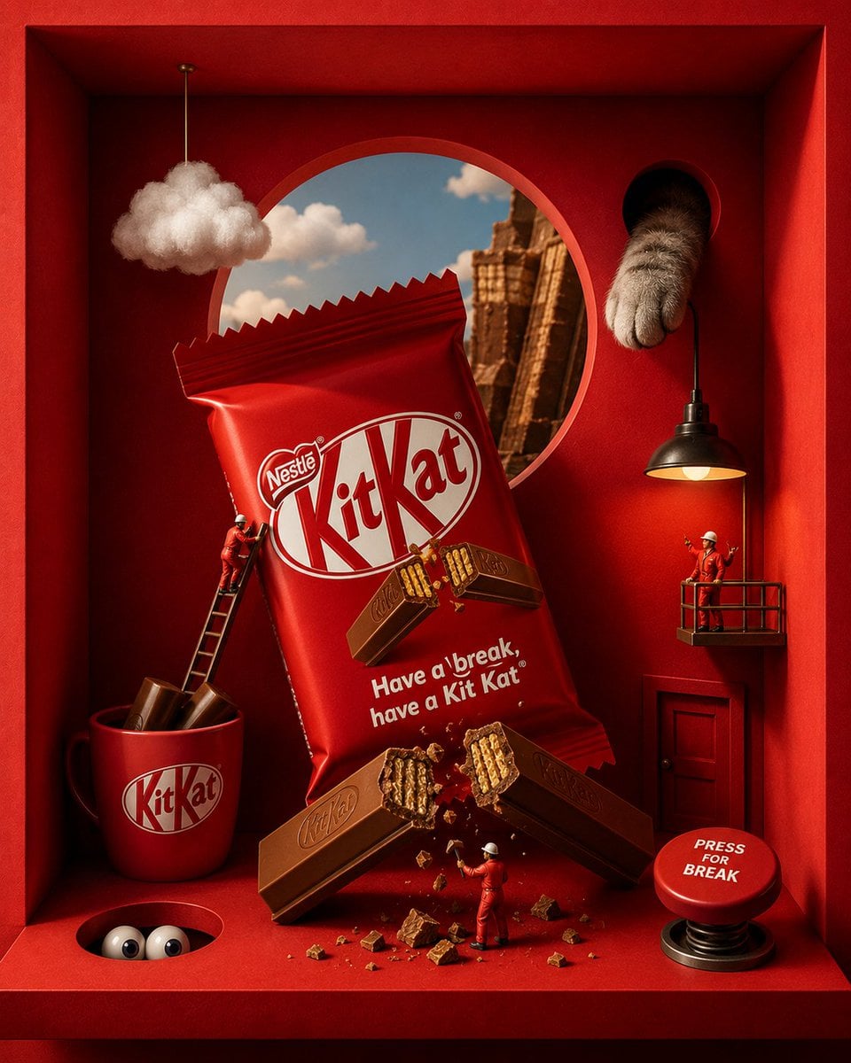 ACT AS: A world-class luxury commercial art director, surreal product photographer, cinematic set designer, and premium AI advertising stylist creating hyper-detailed boxed-diorama brand ads for famous snack and candy brands.