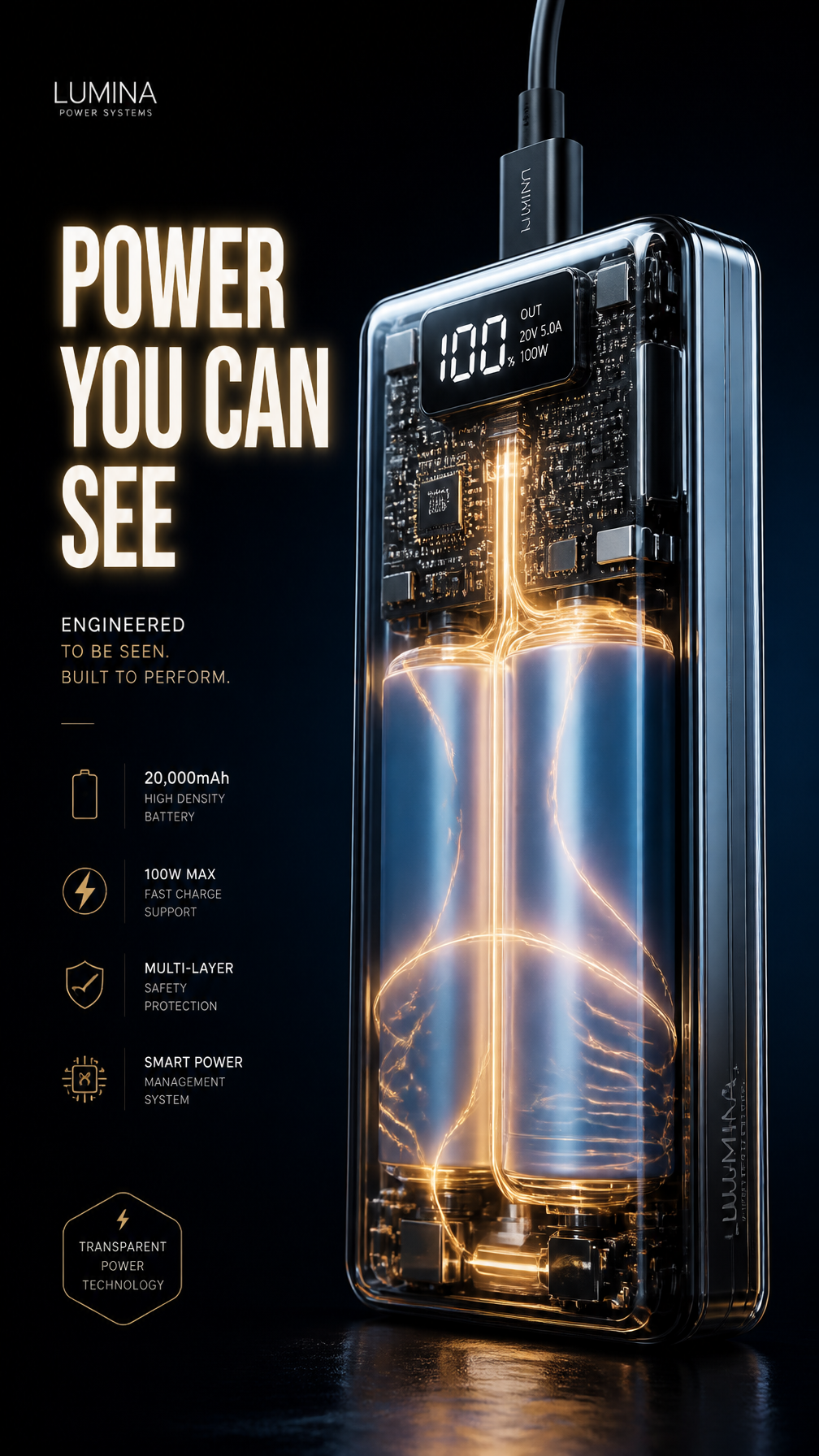 A premium 9:16 power bank advertising poster.Main Subject...